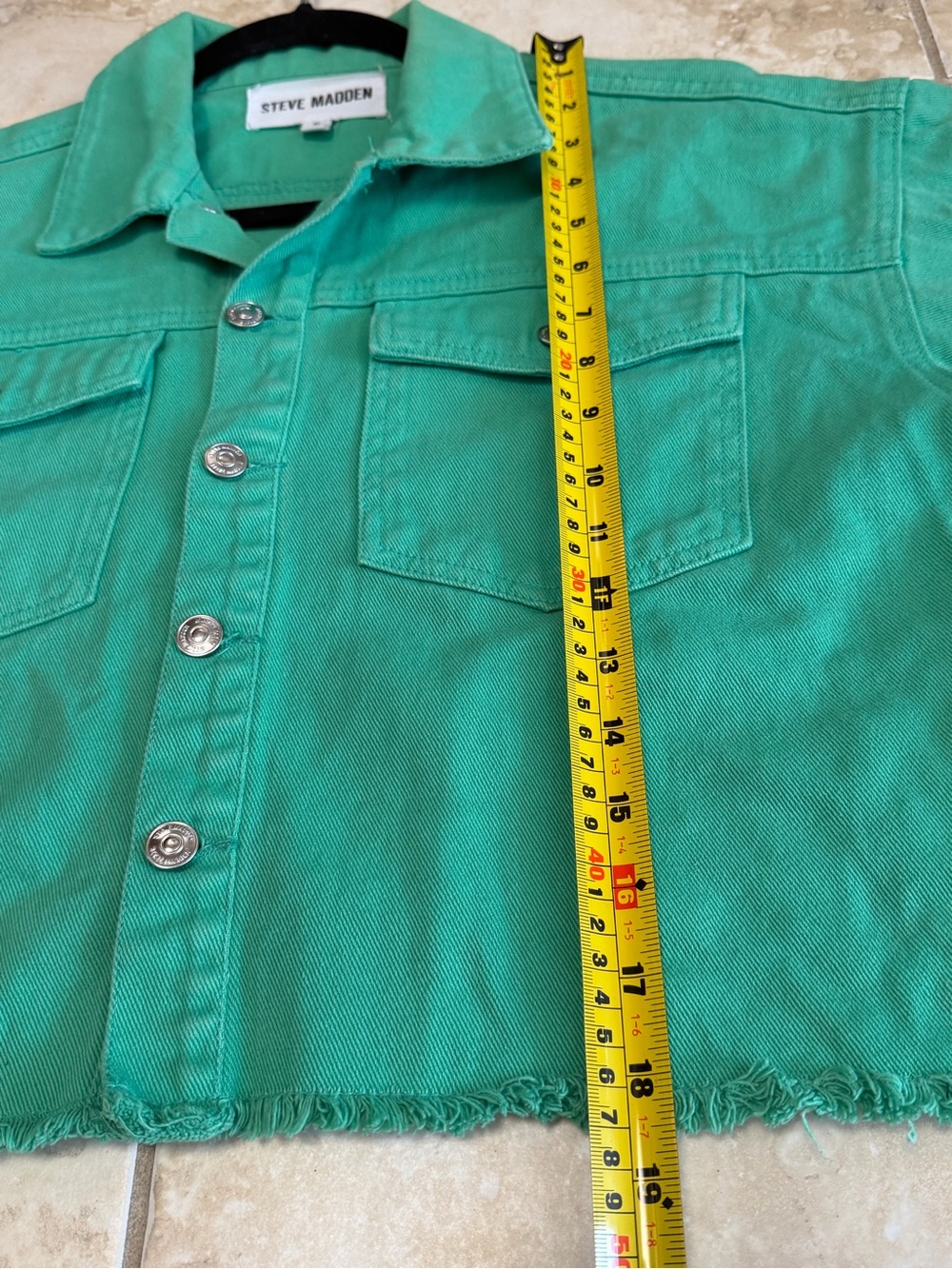 Steve Madden Women’s Small Green Cropped Cotton Jacket Raw Hem Button Front - Picture 9 of 13